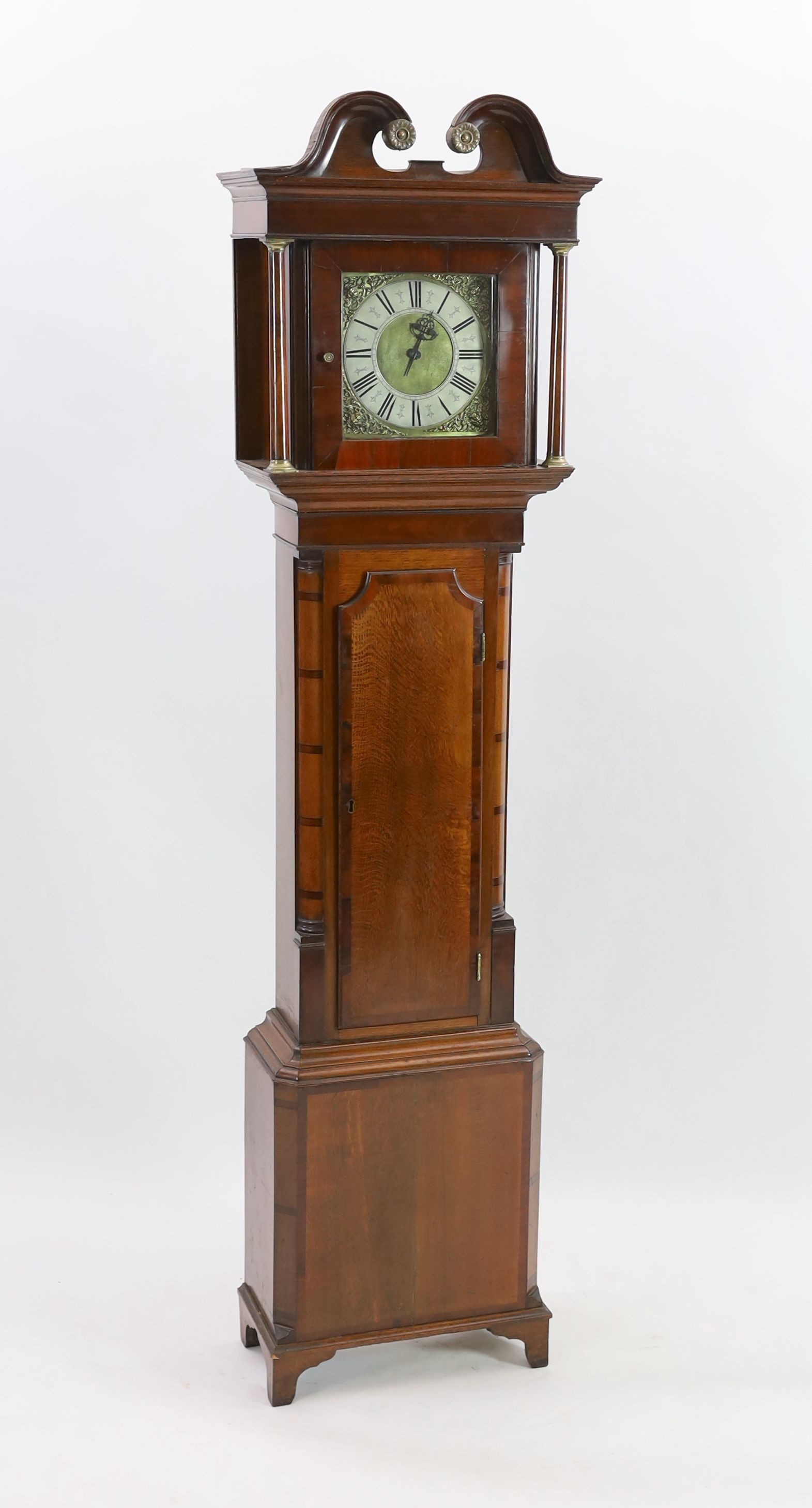 An early 19th century mahogany banded oak cased thirty hour longcase clock, with 25cm square brass dial, height 207cm